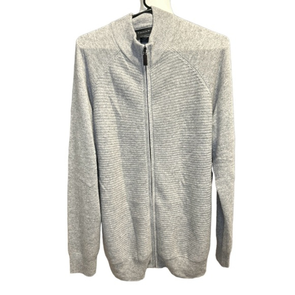 Tahari Men’s 100% Cashmere Light Gray Full Zip Cardigan Sweater